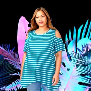 Lane Bryant Teal Striped Cold Shoulder Tee